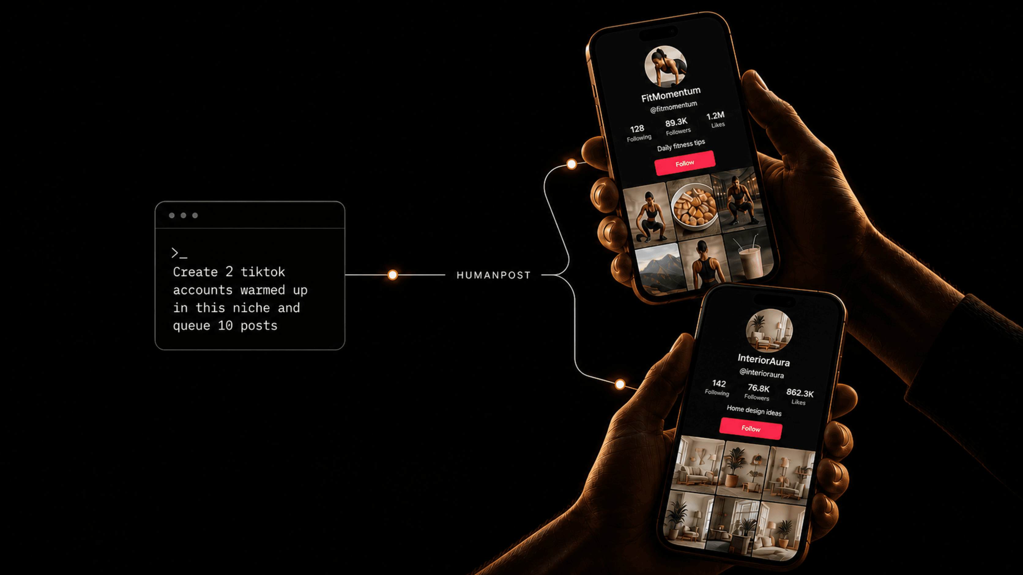 An AI agent command routed through HumanPost to two human-operated TikTok accounts
